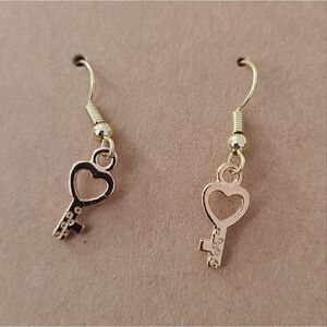 New Handcrafted Tiny Heart Key Dangle Earrings on 14K Gold Plated Hooks